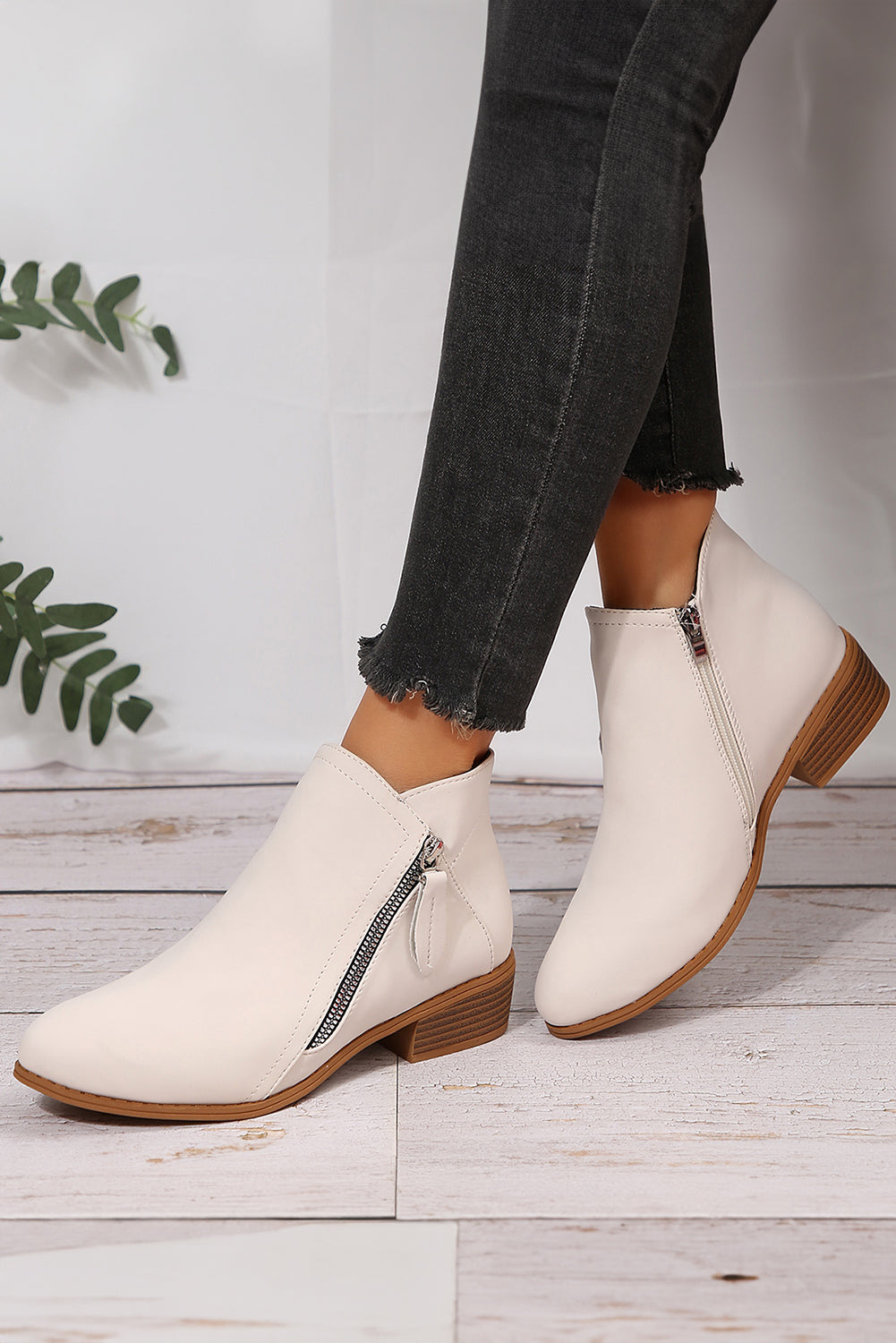 White Faux Leather Double Zip Low Heel Ankle Boots