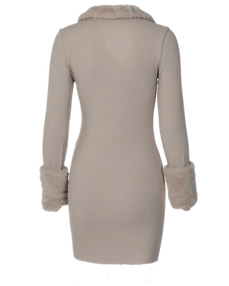 Zipper Design Faux Fur Patch Knit Bodycon Dress