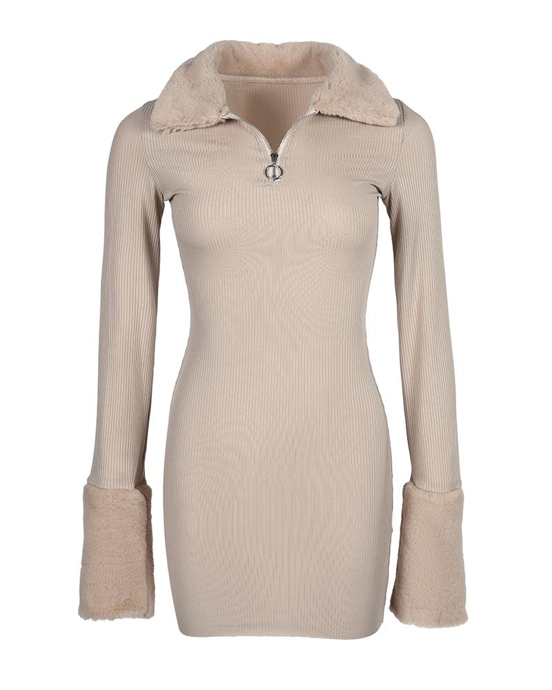 Zipper Design Faux Fur Patch Knit Bodycon Dress