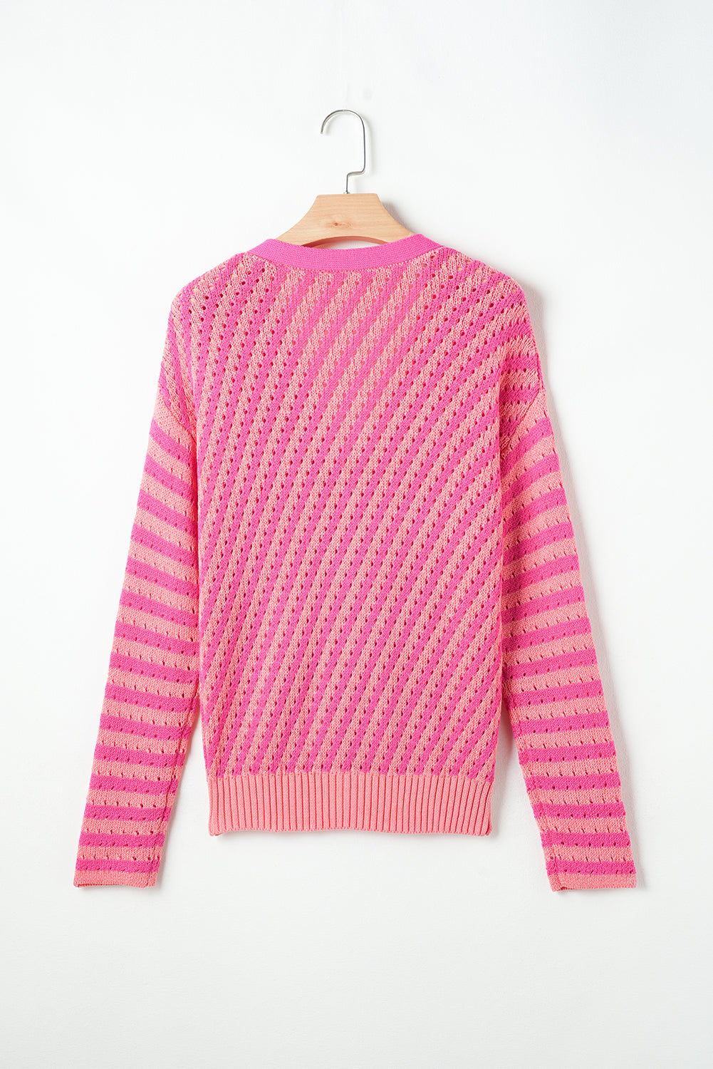 Pink Striped Buttoned V Neck Drop Shoulder Cardigan