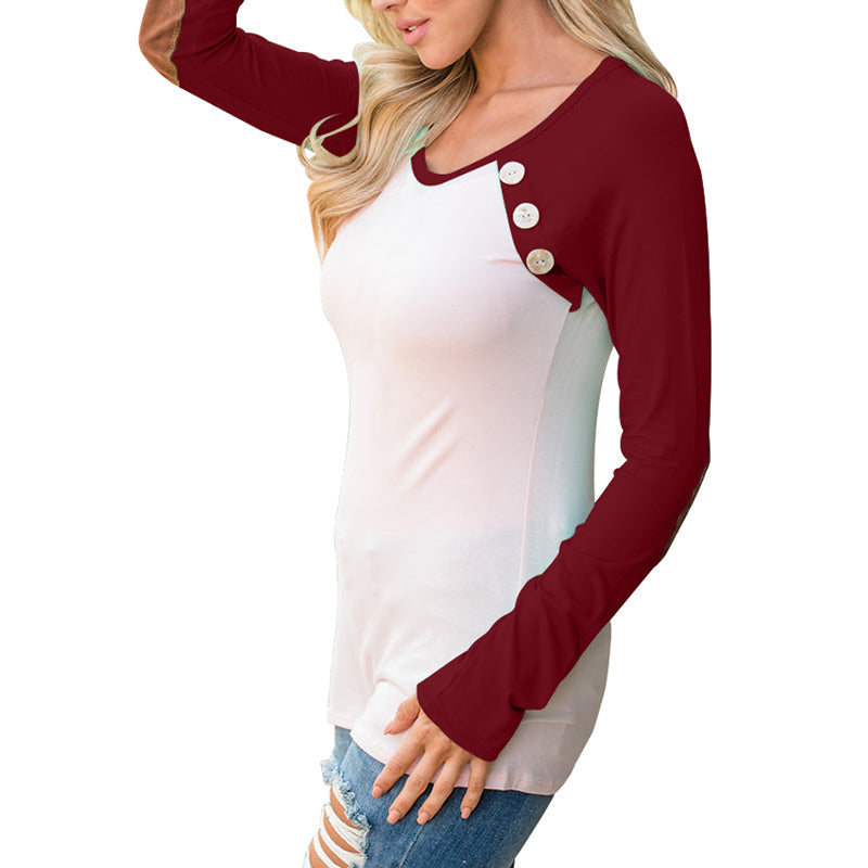 Buttoned Elbow Patches Raglan Sleeve Slinky Blouse