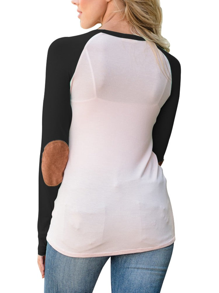 Buttoned Elbow Patches Raglan Sleeve Slinky Blouse