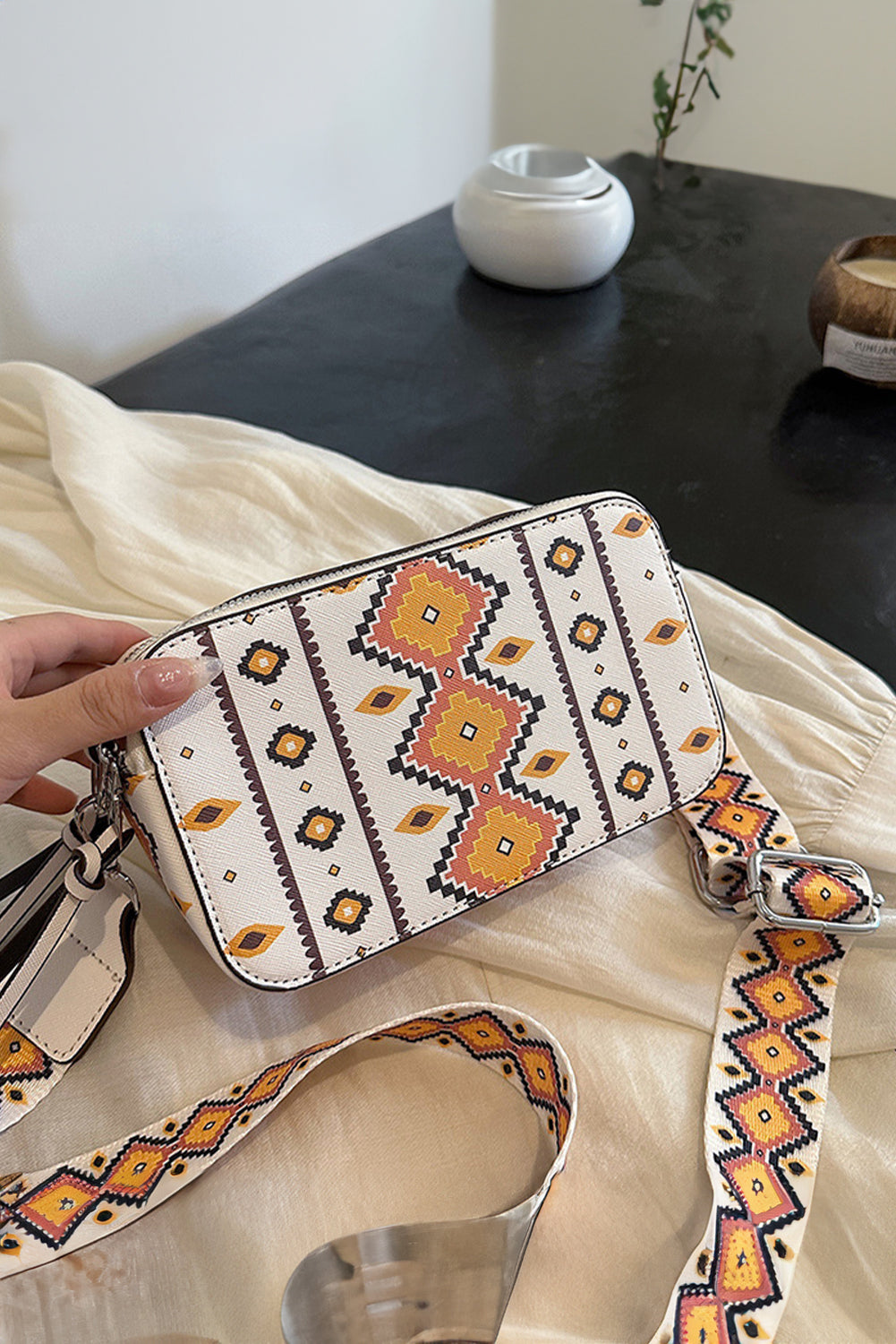 White Western Aztec Print PU Leather Square Single Shoulder Bag