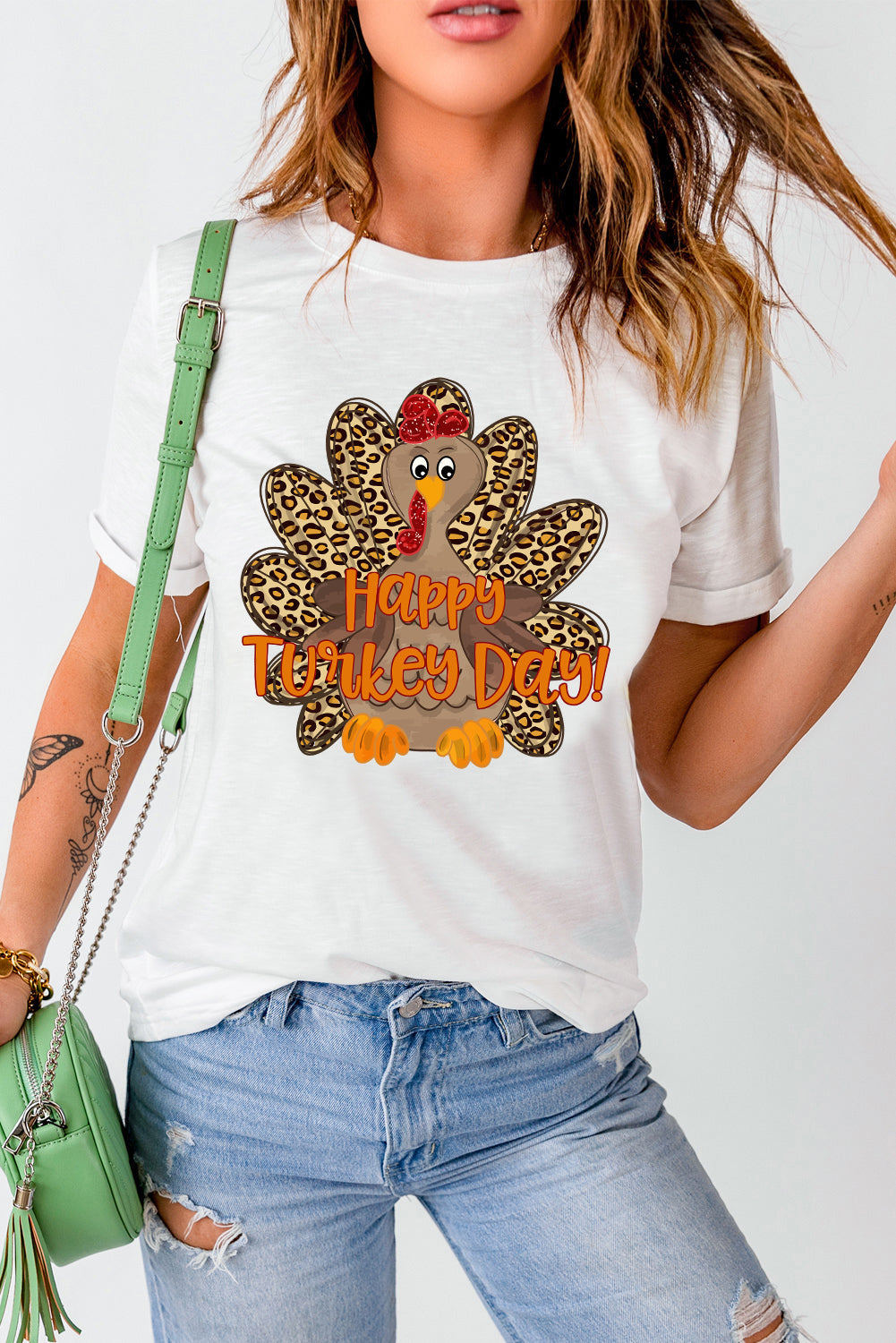 White Happy Turkey Day Leopard Print Crew Neck Loose T Shirt