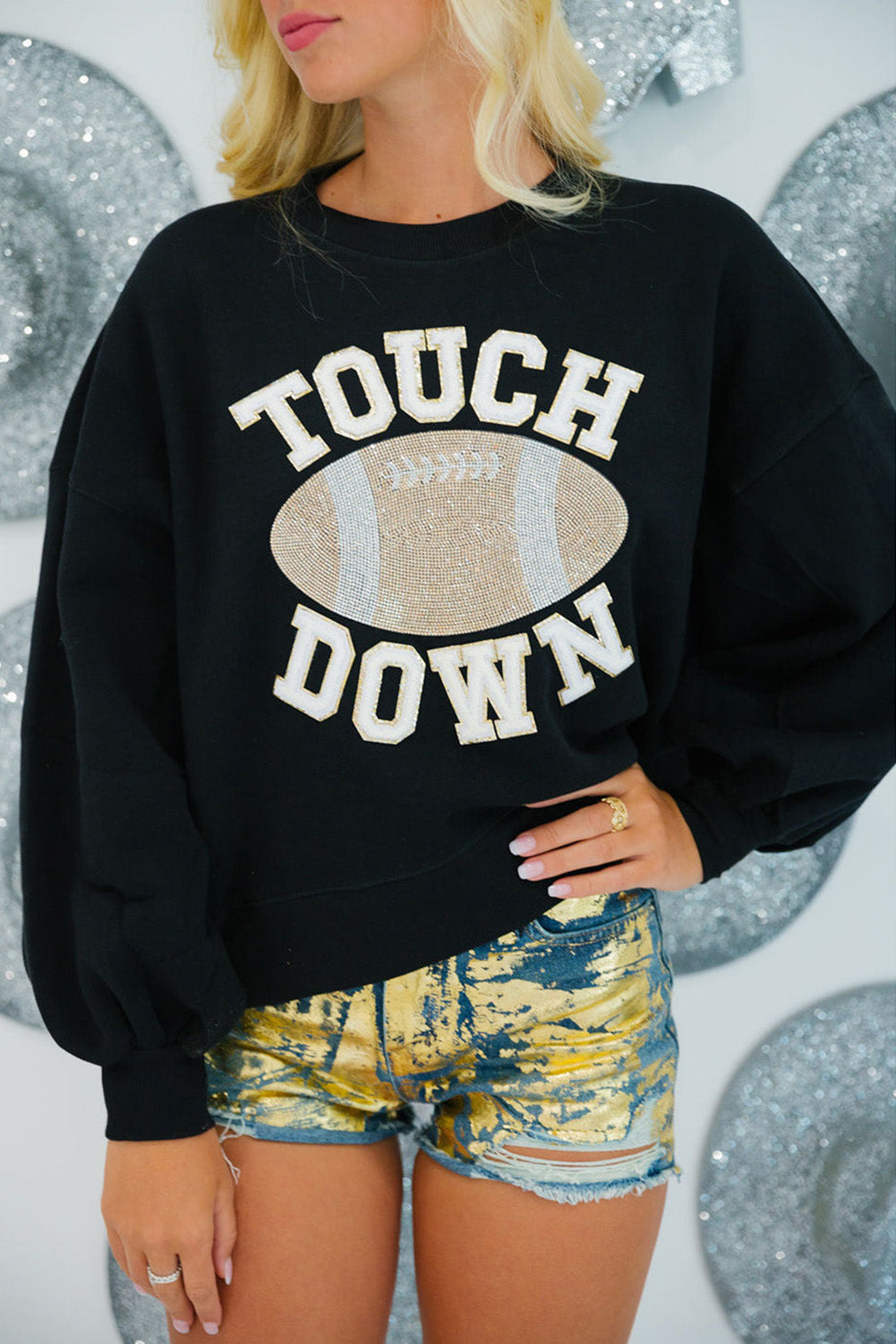 White TOUCH DOWN Football Graphic Pullover Sweatshirt