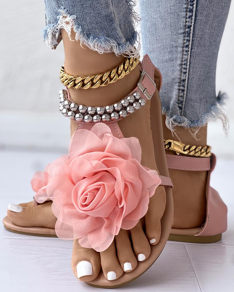 Mesh Floral Embellished Beaded Flat Sandals