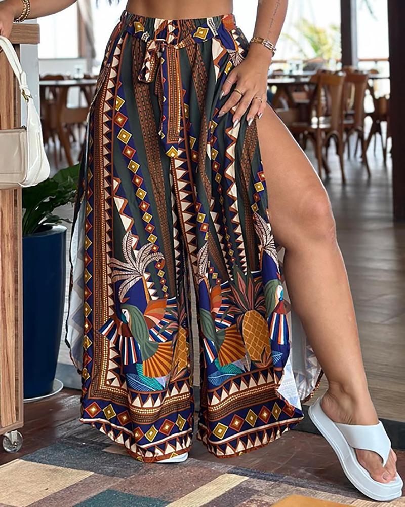 Tribal Tropical Print Slit Tied Detail Pants