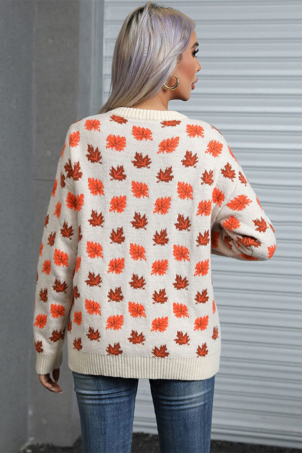 White Fall Leaves Pattern Crew Neck Sweater