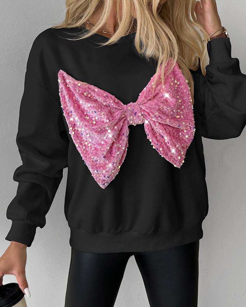 Round Neck Long Sleeve Contrast Sequin Bowknot Decor Sweatshirt