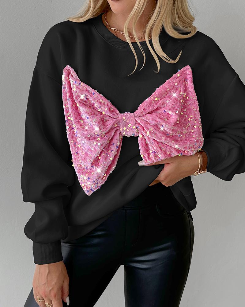 Round Neck Long Sleeve Contrast Sequin Bowknot Decor Sweatshirt