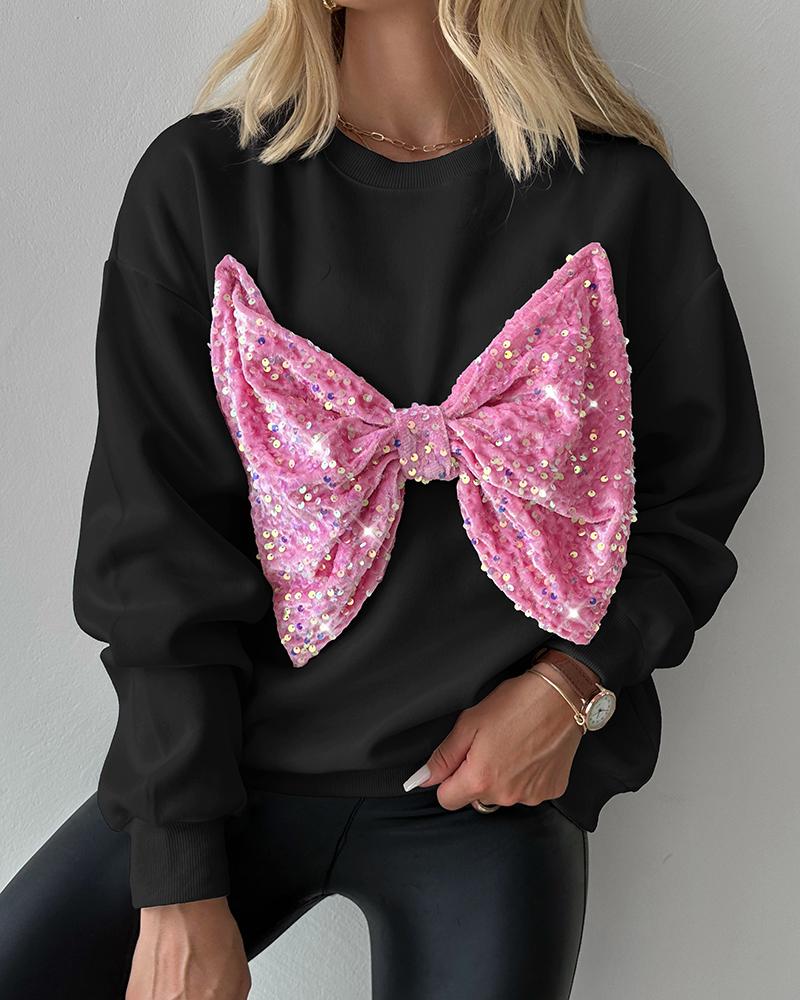 Round Neck Long Sleeve Contrast Sequin Bowknot Decor Sweatshirt