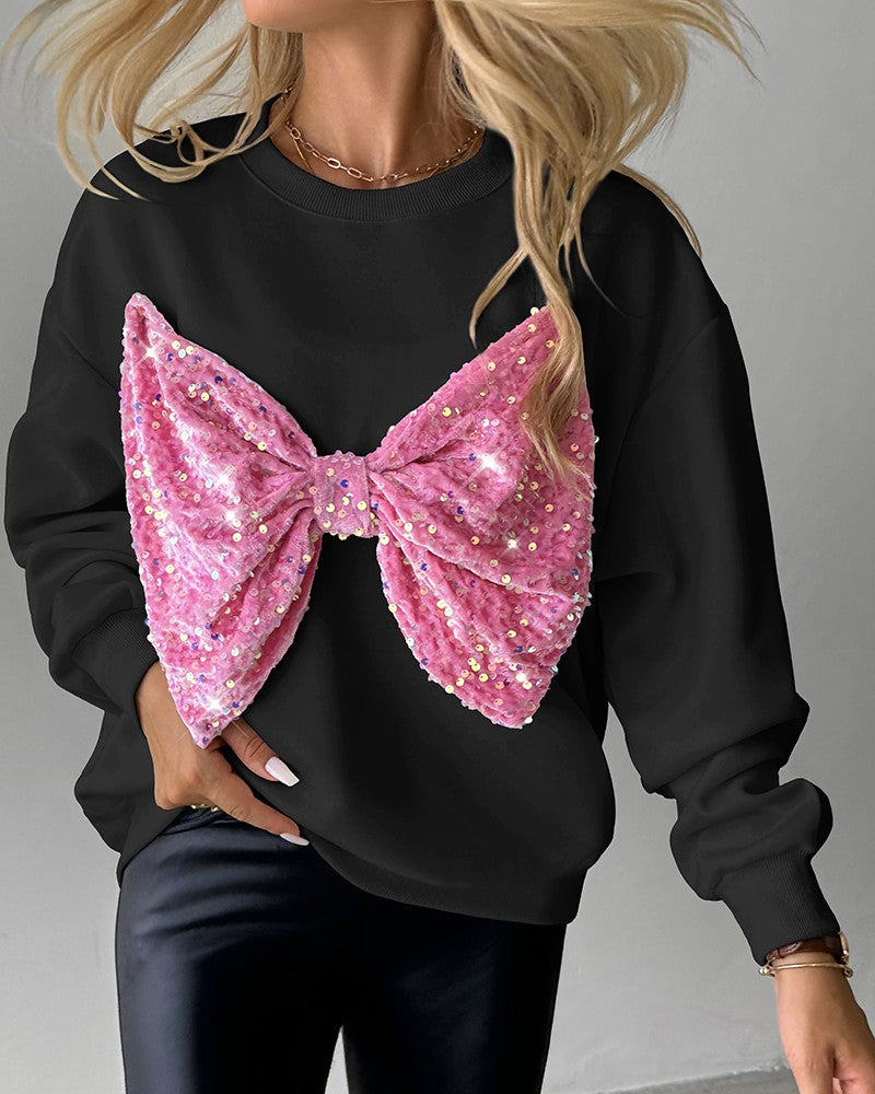 Round Neck Long Sleeve Contrast Sequin Bowknot Decor Sweatshirt