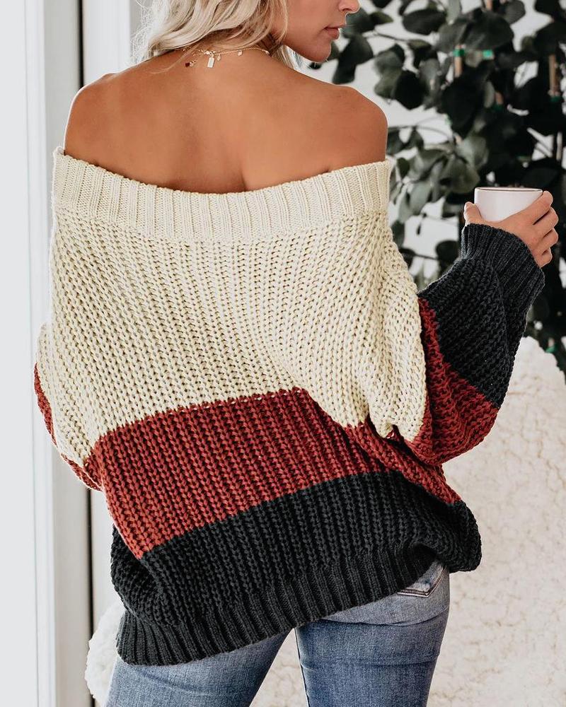 Colorblock Off Shoulder Long Sleeve Knit Sweater