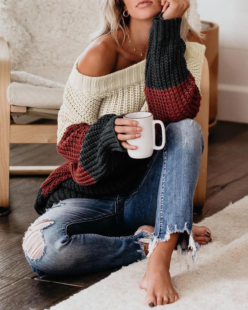 Colorblock Off Shoulder Long Sleeve Knit Sweater