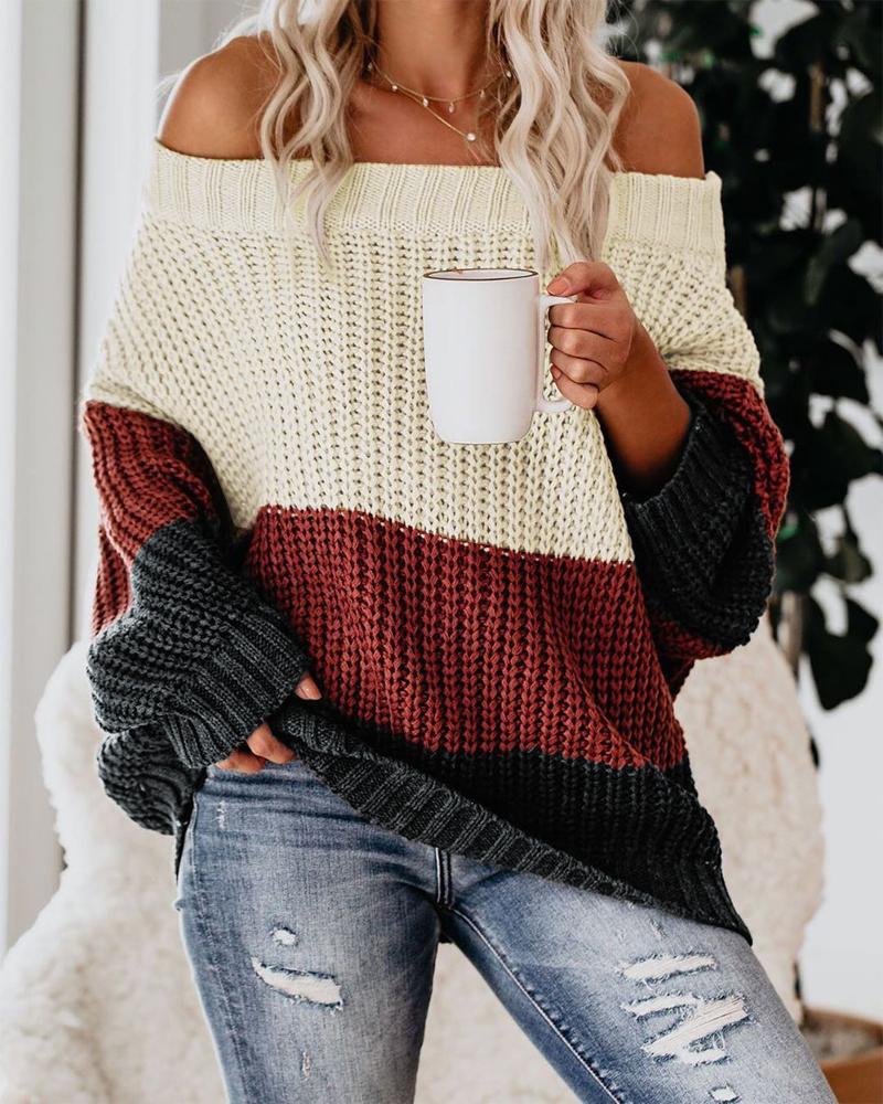 Colorblock Off Shoulder Long Sleeve Knit Sweater