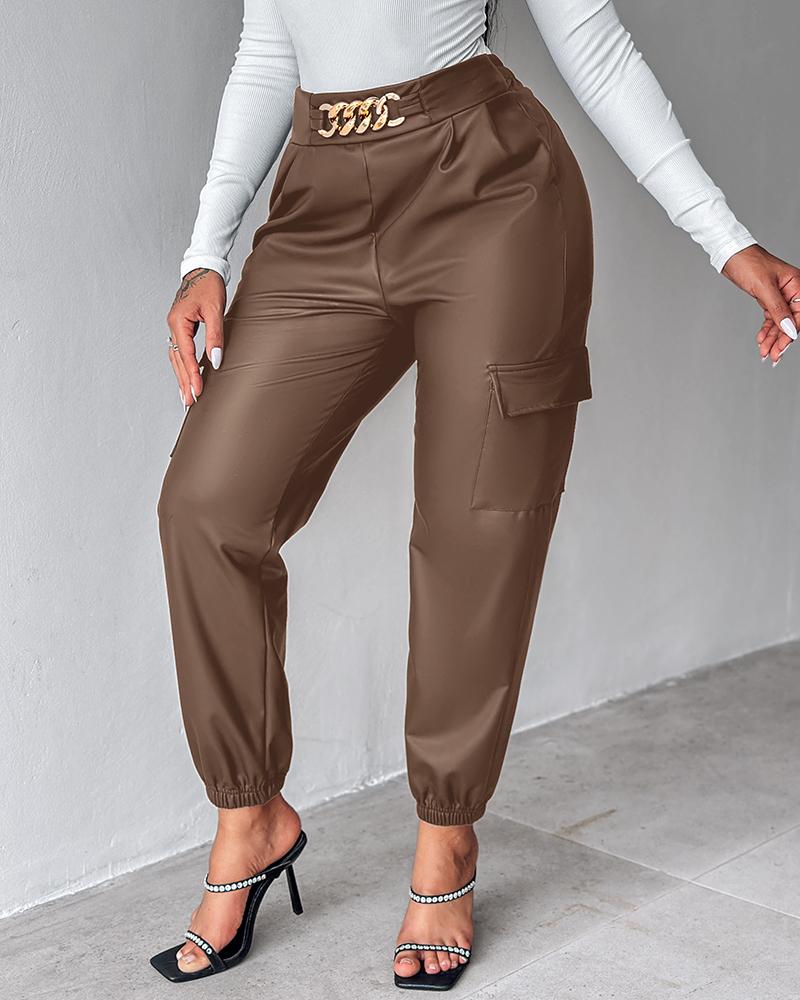 PU Leather High Waist Cargo Pants with Flap Pocket Chain Decor Cuffed Jogger Pants