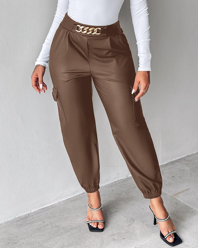 PU Leather High Waist Cargo Pants with Flap Pocket Chain Decor Cuffed Jogger Pants