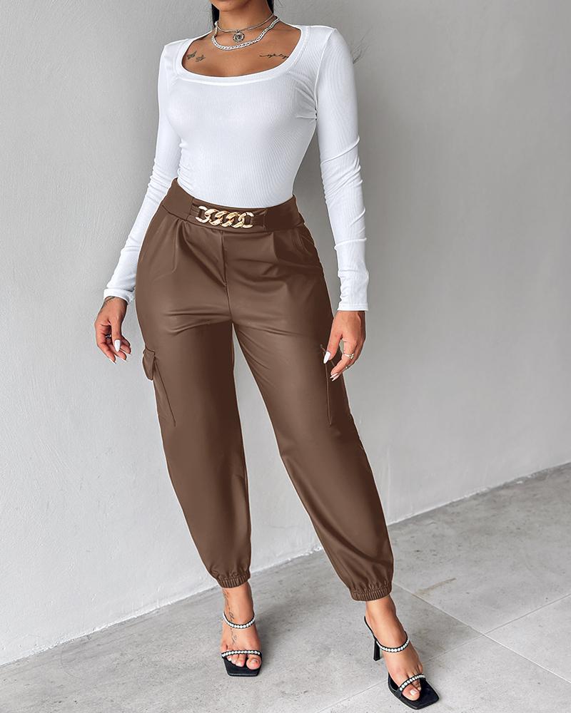 PU Leather High Waist Cargo Pants with Flap Pocket Chain Decor Cuffed Jogger Pants