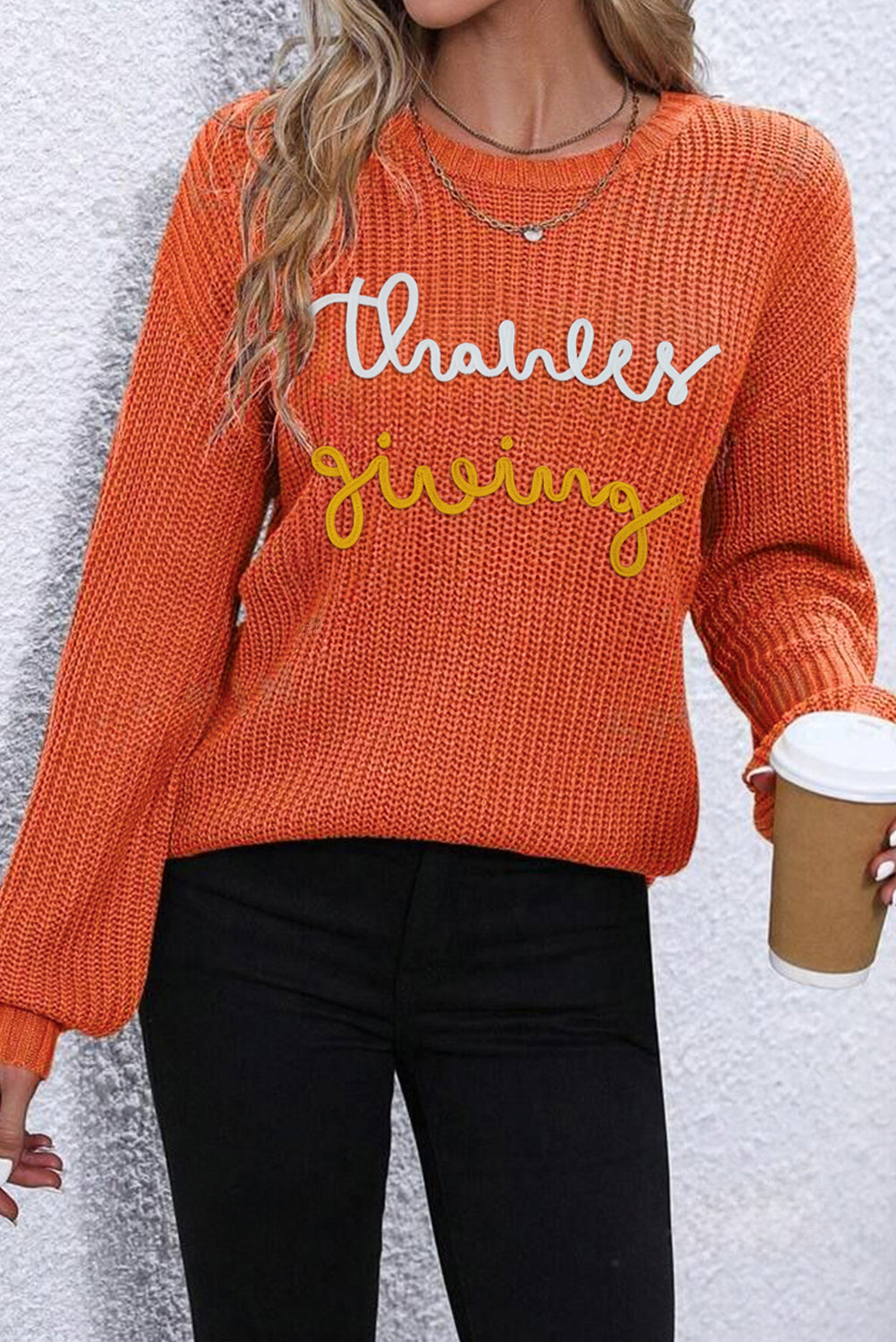 Red Sandalwood Thanks Giving Letter Graphic Crew Neck Sweater