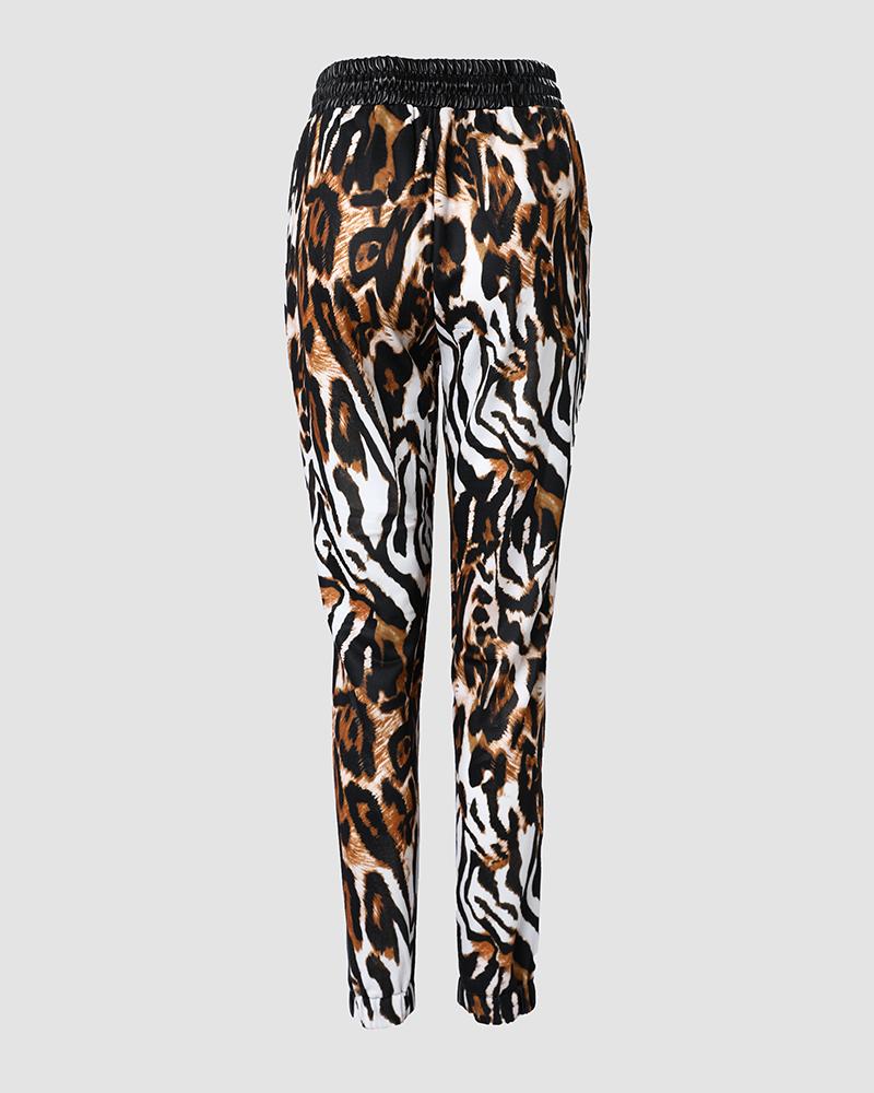 Contrast Leopard PU Leather Drawstring Cuffed Pants