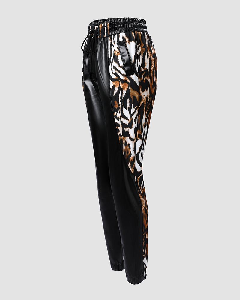 Contrast Leopard PU Leather Drawstring Cuffed Pants