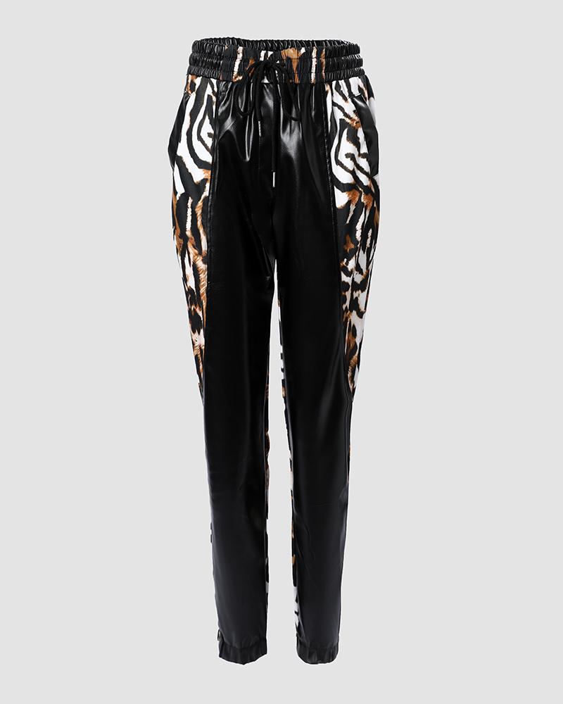 Contrast Leopard PU Leather Drawstring Cuffed Pants