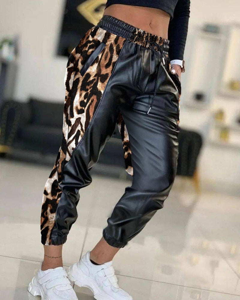 Contrast Leopard PU Leather Drawstring Cuffed Pants