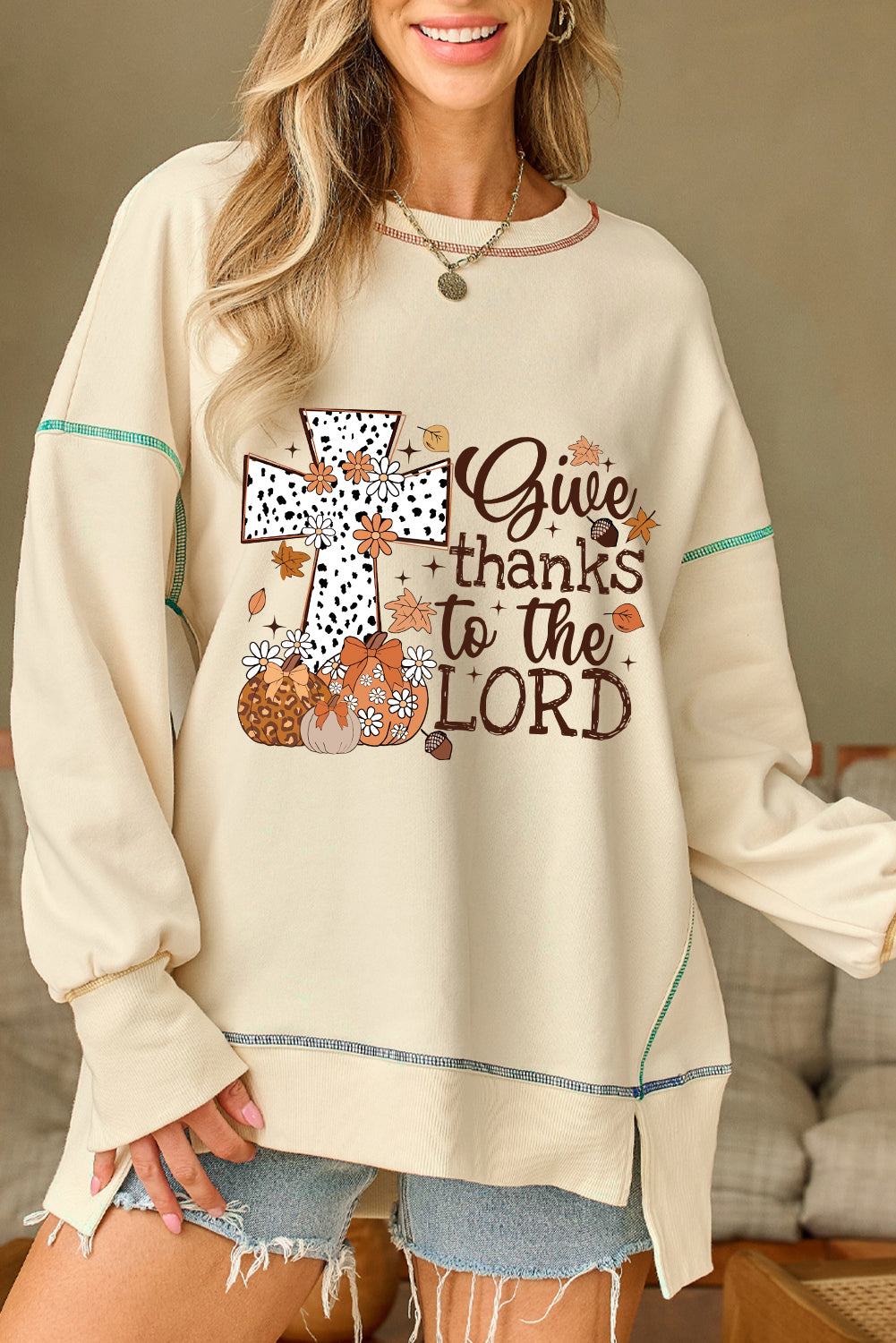 White Give Thanks to the LORD Graphic High Low Hem Loose Sweatshirt