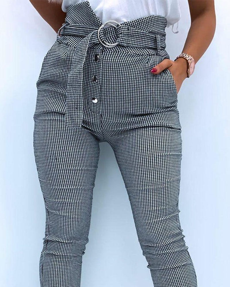 Plaid Print Button Fly O Ring Buckle Belted Skinny Pants