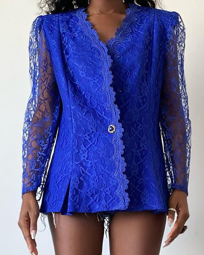 Crochet Lace Long Sleeve Plunge Blazer Coat