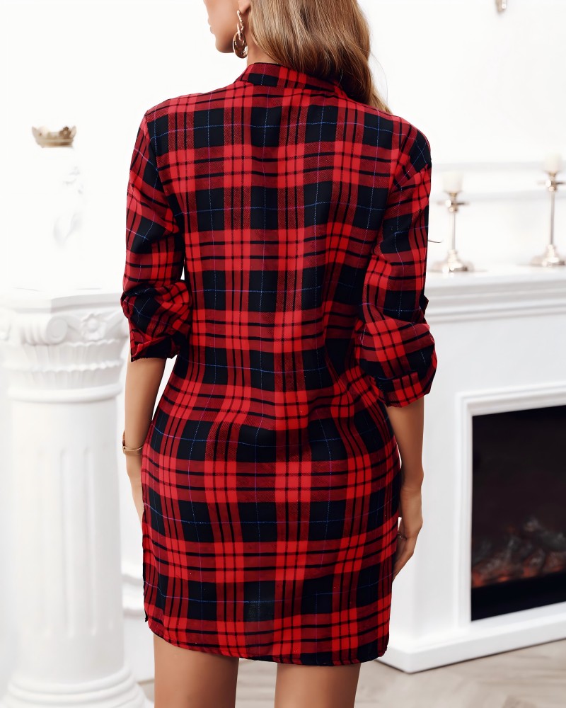 Plaid Print Lace Up Front Slit Shirt Dress