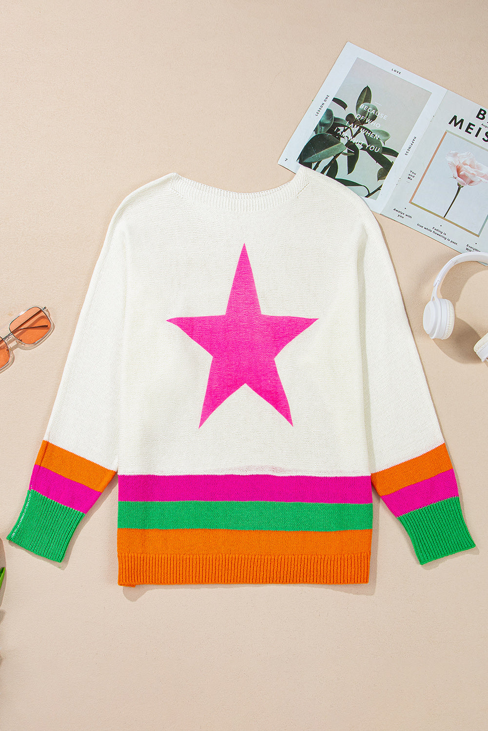 White Star Pattern Colorblock Striped Edge Drop Shoulder Sweater