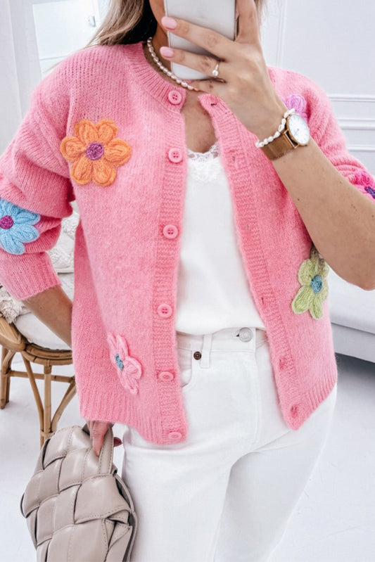 White Cute Knitted Floral Pattern Button Up Cardigan