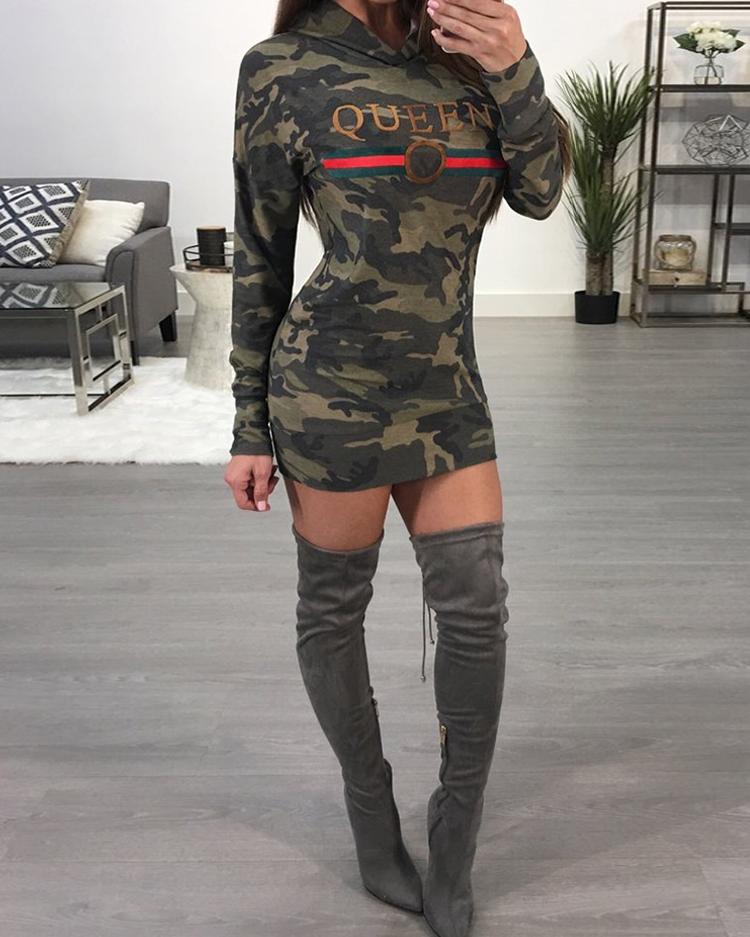 Stylish Camouflage Print Casual Hoodie Dress