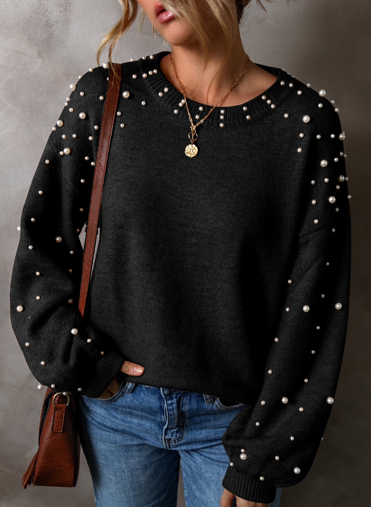 Black Pearled Drop Shoulder Round Neck Sweater