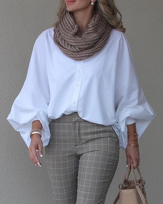 Turn down Collar Lantern Sleeve Button Down Oversized Blouse Top