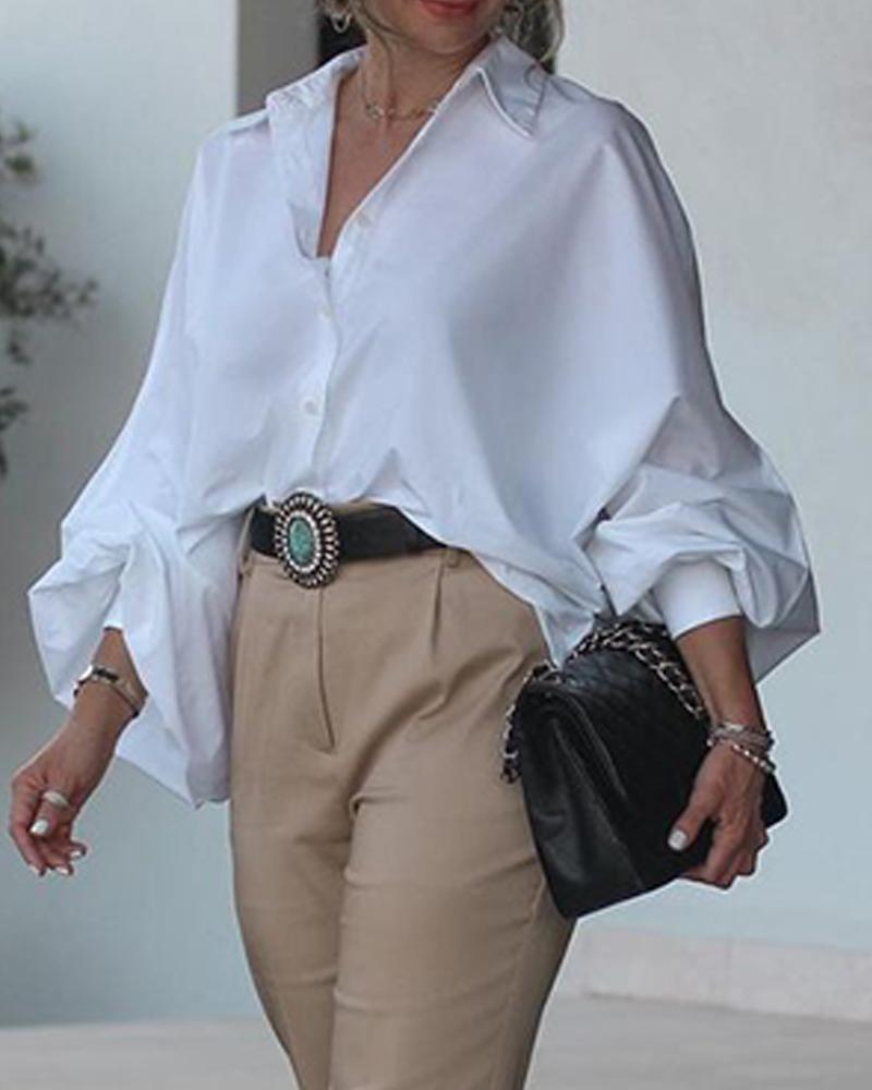 Turn down Collar Lantern Sleeve Button Down Oversized Blouse Top