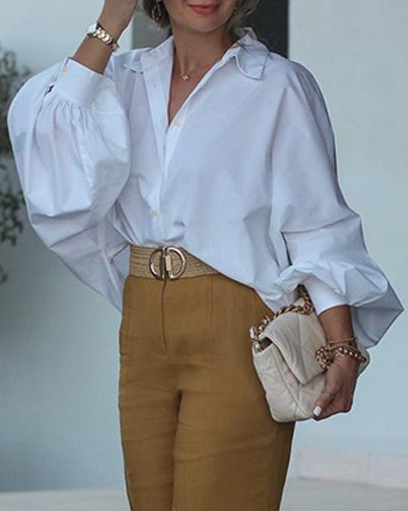 Turn down Collar Lantern Sleeve Button Down Oversized Blouse Top