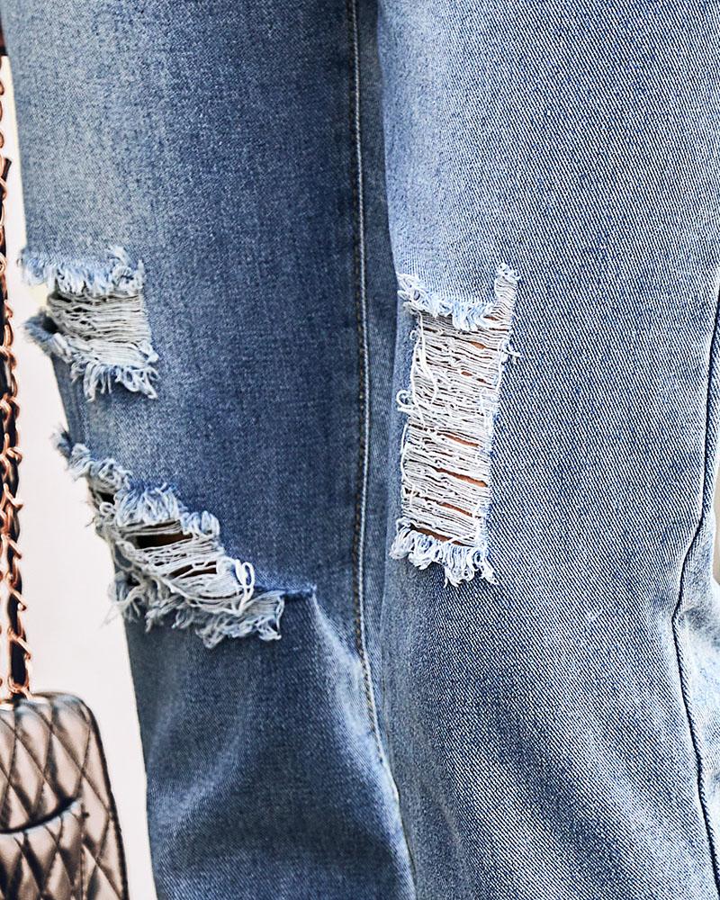 Zipper Fly Pocket Design Ripped Jeans