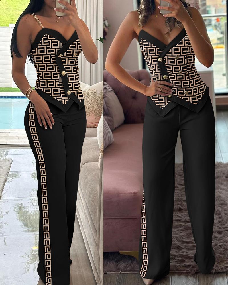 Geometric Print Chain Strap Cami Top & Straight Leg Pants Set