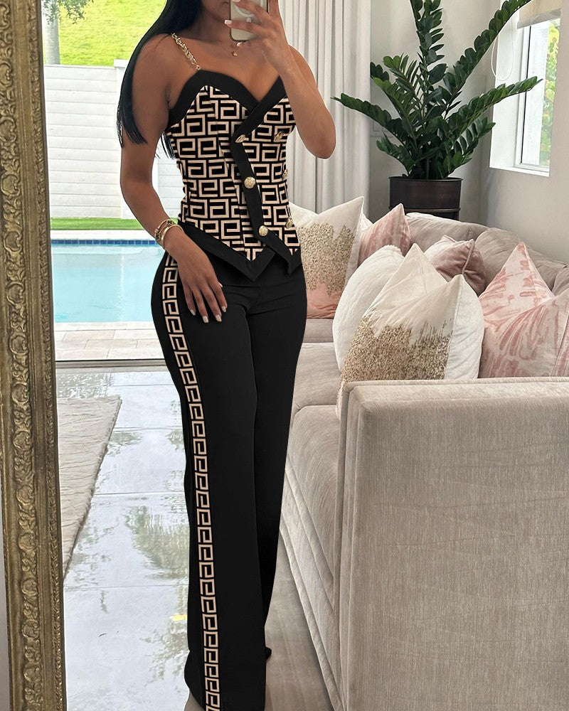 Geometric Print Chain Strap Cami Top & Straight Leg Pants Set