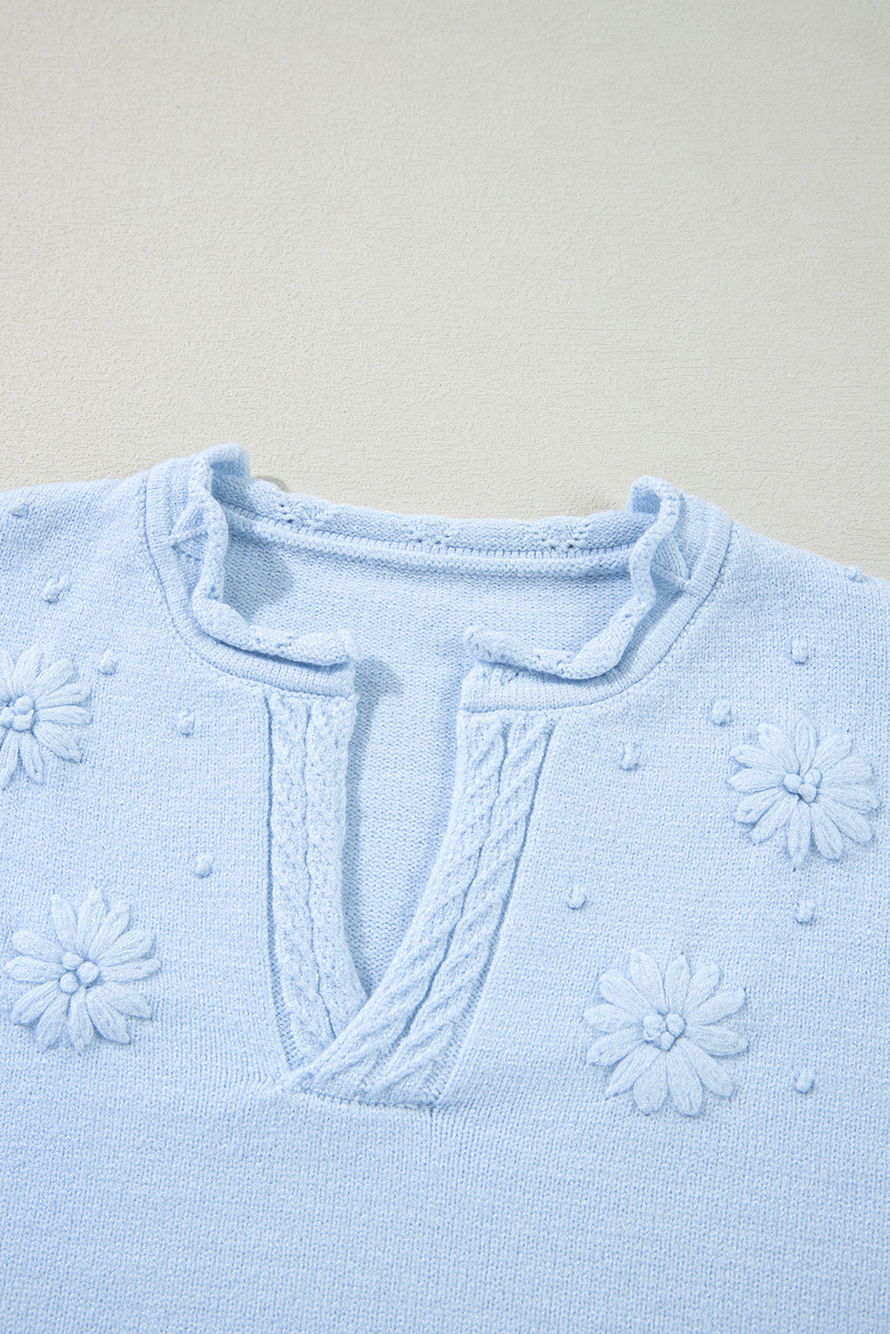 Beau Blue Flower Detail Knitted Notched Neck Sweater