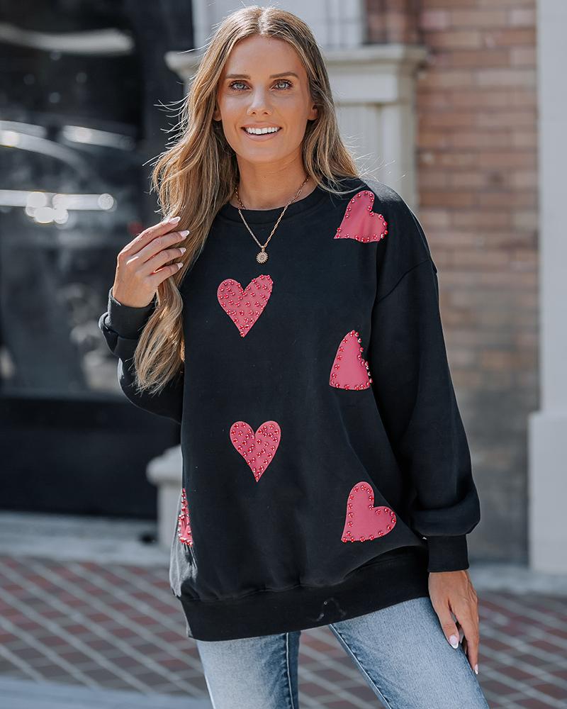 Heart Print Long Sleeve Rhinestone Decor Sweatshirt