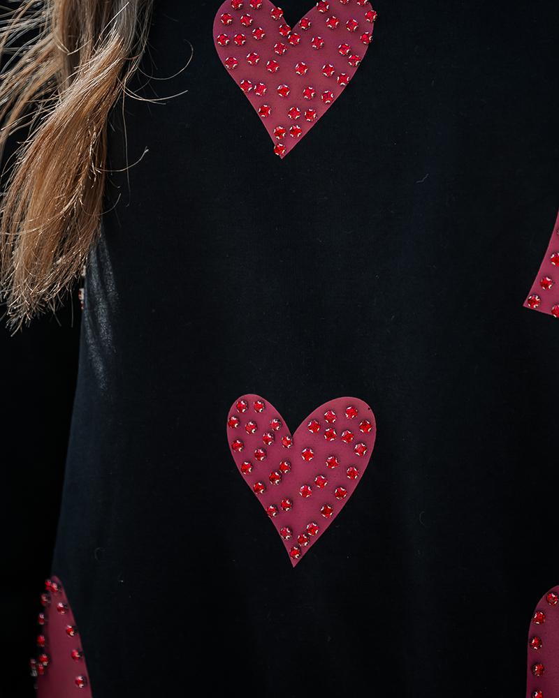 Heart Print Long Sleeve Rhinestone Decor Sweatshirt