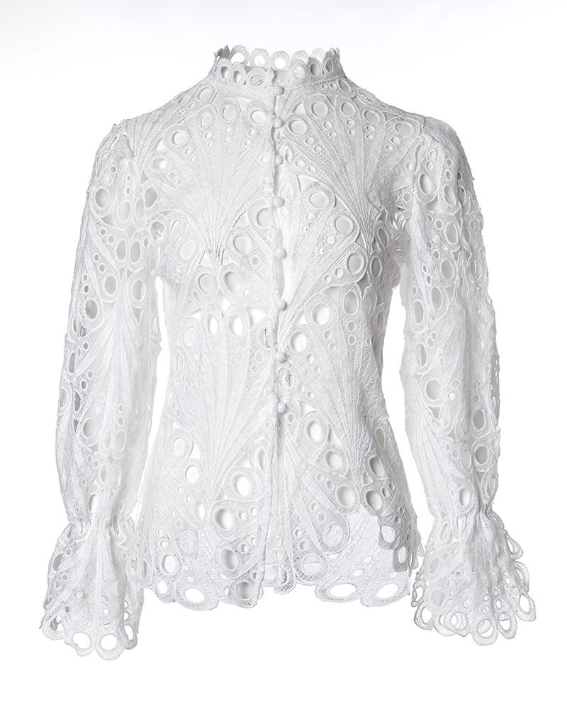 Eyelet Embroidery Button Front Bell Sleeve Top