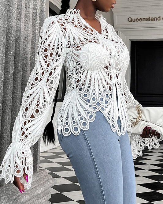 Eyelet Embroidery Button Front Bell Sleeve Top