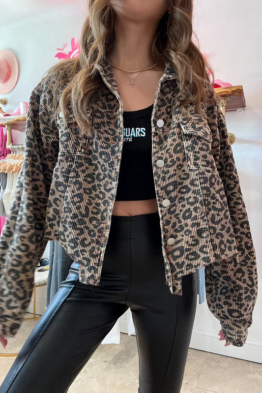 Dark Khaki Leopard Print Corduroy Irregular Hem Buttoned Jacket