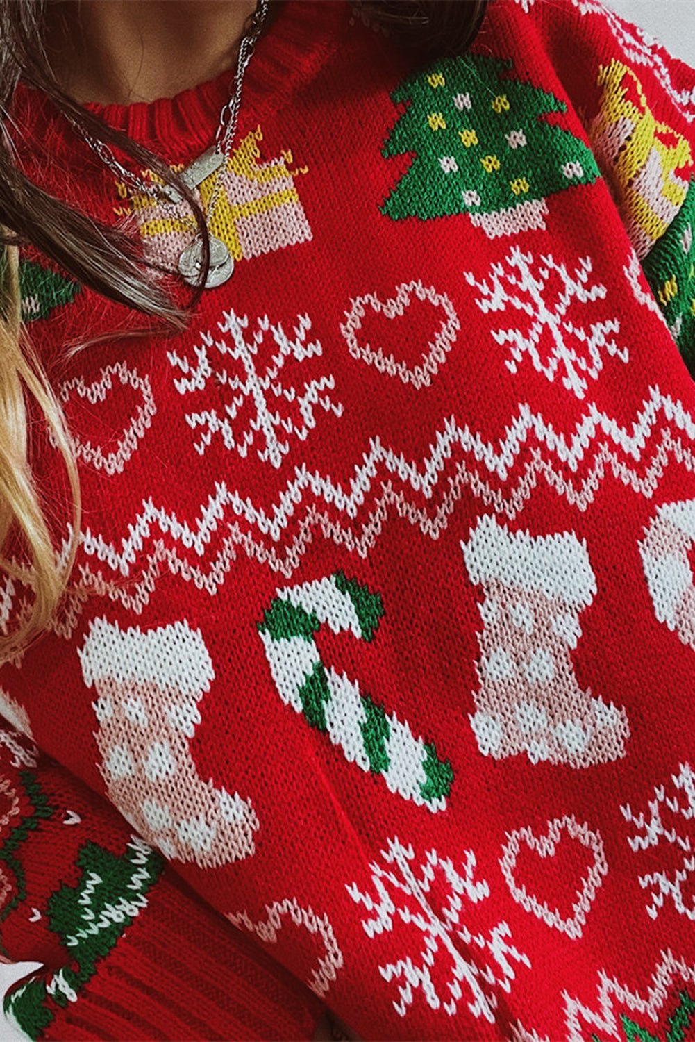 Fiery Red Christmas Pattern Drop Shoulder Knitted Sweater