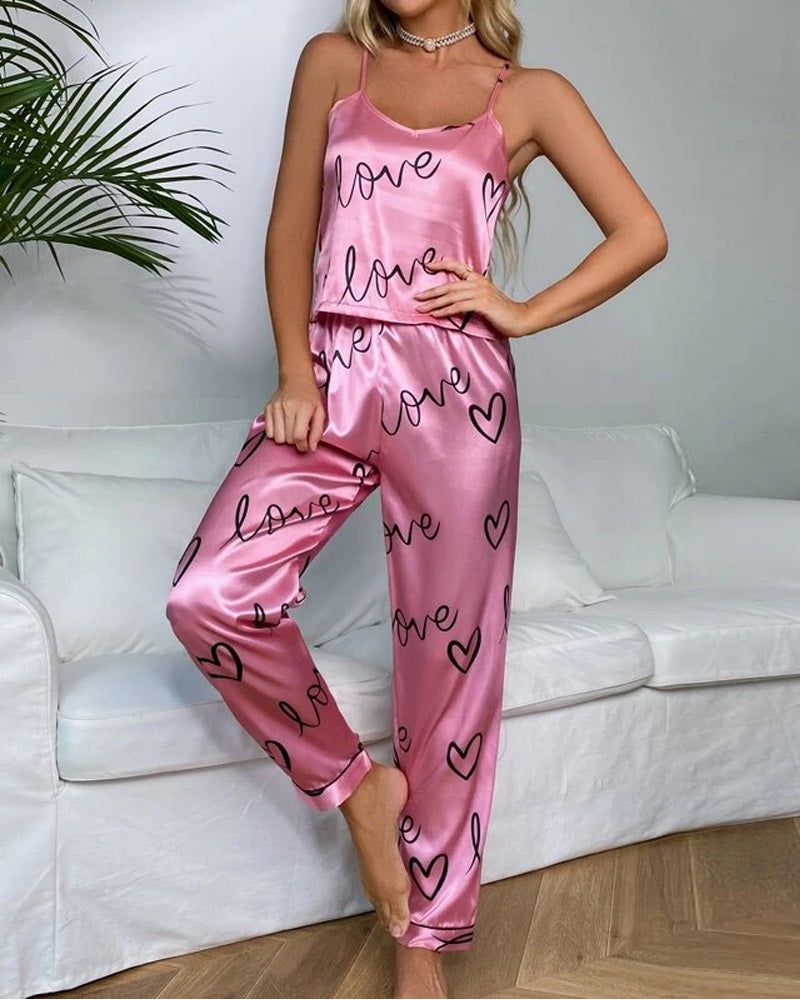 Love Heart Print Satin Cami Set