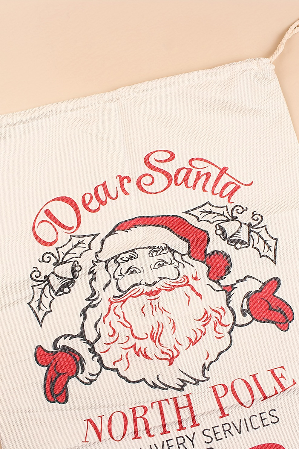 White Santa Clause Print Drawstring Closure Canvas Christmas Gift Bag